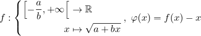    ( [       [
   {  − a-,+ ∞ →  ℝ
f :(   b         √------, φ (x ) = f(x)− x
             x ↦→  a + bx
