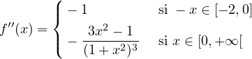        (
 ′′    |{ − 1          si − x ∈ [− 2,0]
f (x) = |   3x2-−-1-
       ( −  (1 + x2)3   si x ∈ [0,+∞ [
